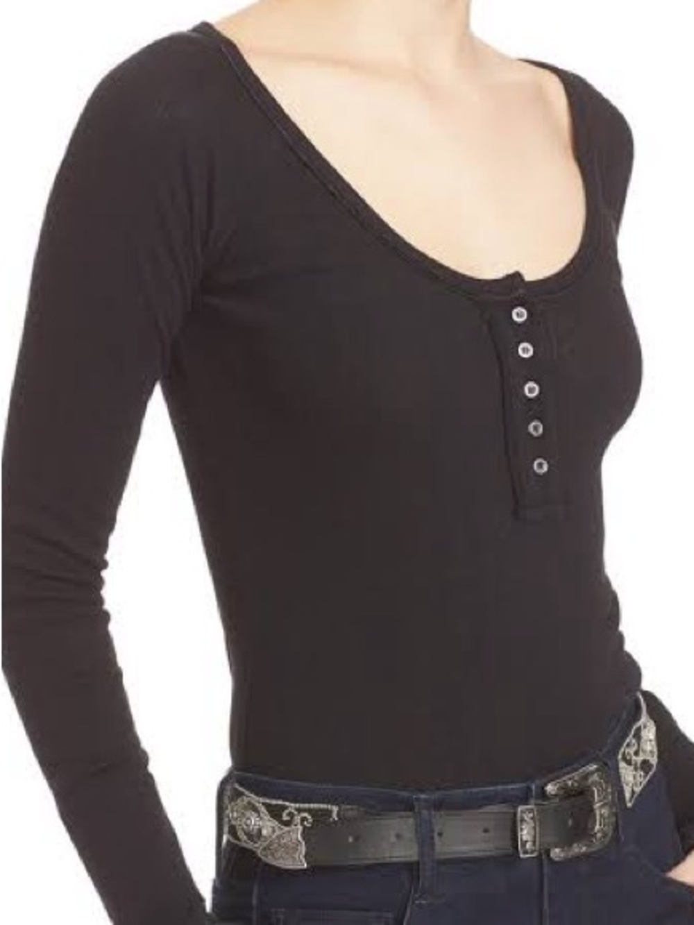 Free People Dark Gray Long Sleeve Henley Top